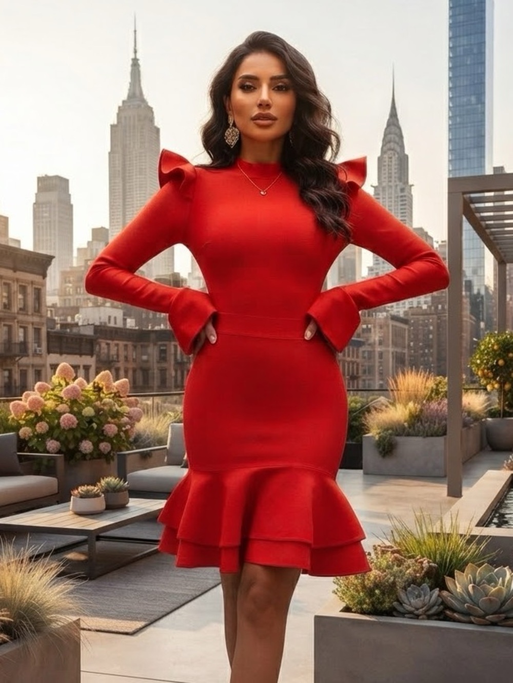 Bella Barnett bodicon Red Ruffle Sleeve High-Neck Mini Dress size Medium NWT